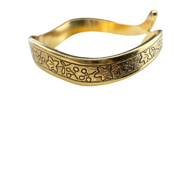 Decorative Gold-Tone Hinged Bracelet With Floral Engraved Design Fashion Jewelry - Picture 3 of 6
